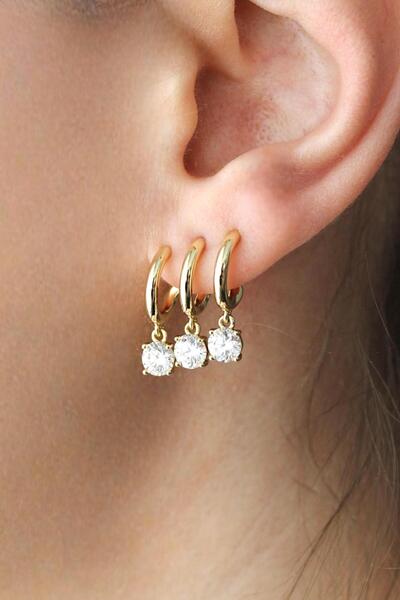 Nenya Vip Steel Triple Look Zircon Single Stone Model Earrings