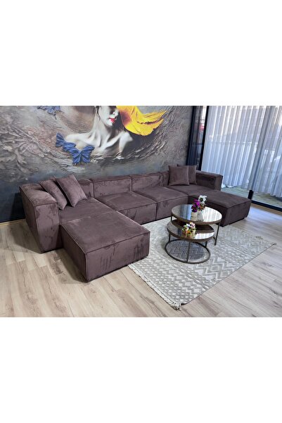Erduran Mobilya Angelo 6 modül U köşe acı kahve fitilli kadife köşe koltuk ta...