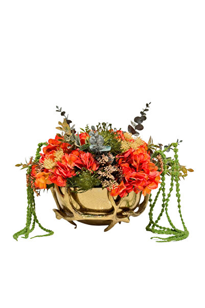 Lara Decor - Gold Döküm Dal Saksılı Turuncu Çiçek Aranjmanı