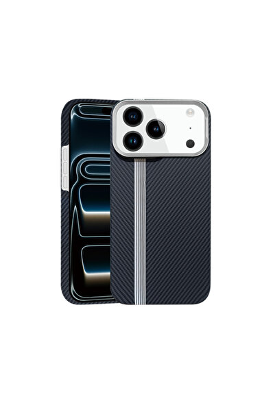 Maxcell Husă » iPhone 17 Pro, Fibră Kevlar cu MagSafe, Stripe Alb, NEGRU