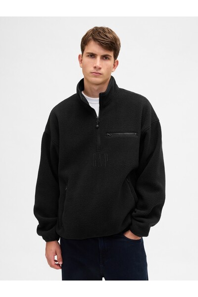 GAP Erkek Siyah Sherpa Oversized Yarım Fermuarlı Logo Sweatshirt