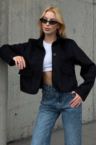 Trend Alaçatı Stili سترة نسائية من جلد الغزال باللون الأسود مع تفاصيل جيب وأز...