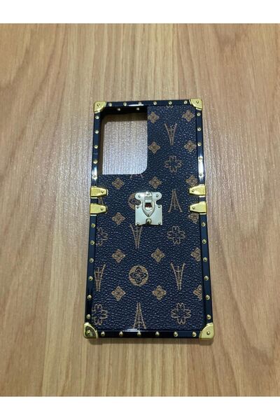 Newon Samsung S21 Ultra Lüks Kahverengi Suni Deri Gold Altın Çerçeve Kapak Kı...