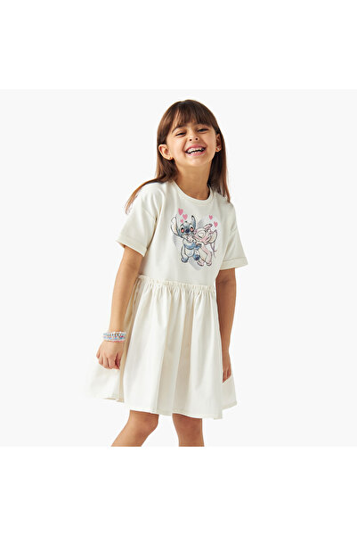 Disney Stitch and Angel Print Dress with Short Sleeves