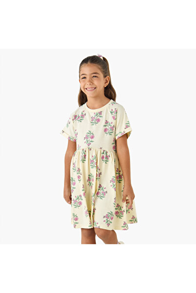 Juniors Floral Print A-line Dress with Round Neck and Raglan Sleeves