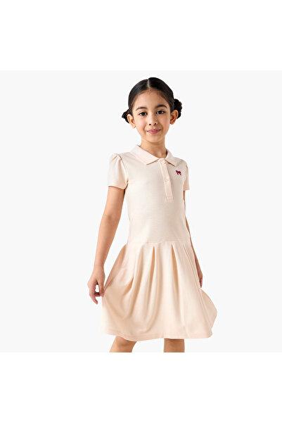 Juniors Floral Embroidered Polo Dress with Short Sleeves