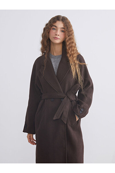 LC Waikiki Brown Double-Breasted Collar Women's Cashmere Coat