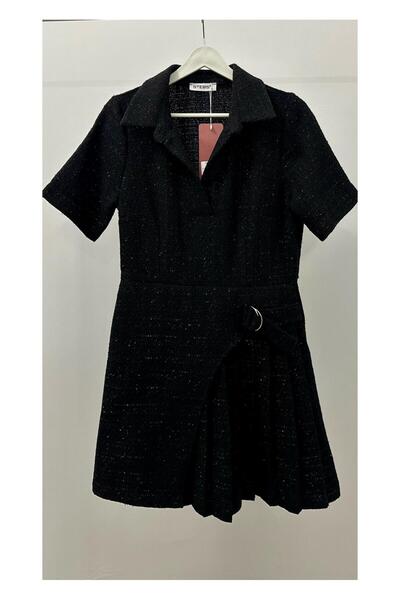 STEPS Pileli ve Drapeli Siyah Elbise