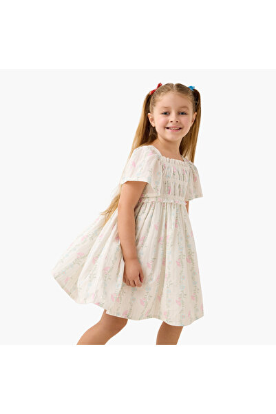 ELIGO فستان بياقة مربعة مطبوع بالكامل بالزهور وأكمام واسعة