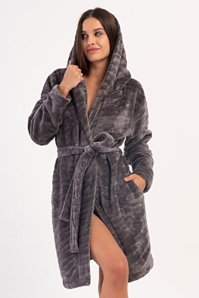 VİENETTA رداء نسائي من قماش ويلسوفت ناعم الملمس بغطاء رأس لون رمادي C0T3N1304