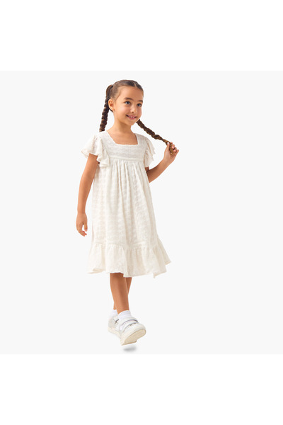 ELIGO Textured A-line Dress with Square Neck and Flutter Sleeves