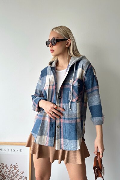 Trend Alaçatı Stili Women's Blue Hooded Oversize Pocketed Buttoned Plaid Shir...