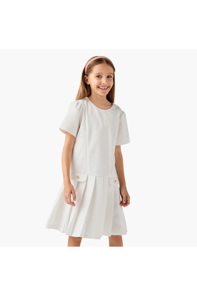 Juniors Pleated Drop Waist Dress with Round Neck