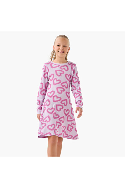 Juniors Round Neck Long Sleeves Knee Length Dress with Heart Print