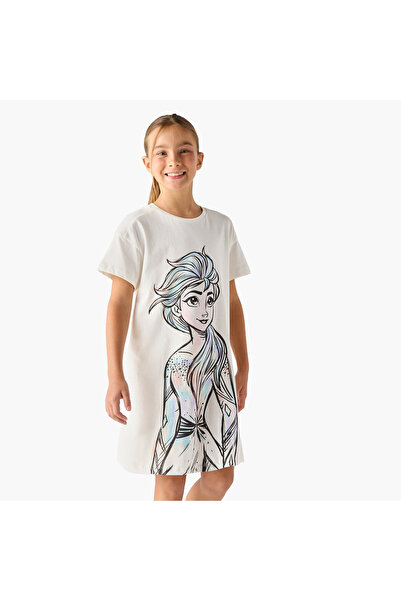 Disney Elsa Print A-Line Dress with Short Sleeves