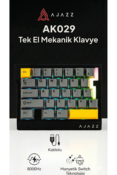 Ajazz AK029 Tek El Kablolu Manyetik Switch Oyun Klavyesi- RGB-29 Tuş-8000 Hz