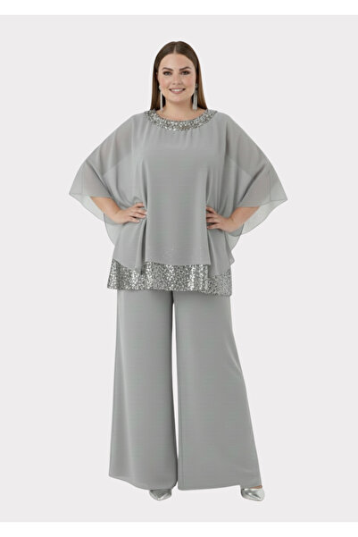 LİLAS XXL Büyük Beden Gri Renkli Şifon Abiye Pantolon Bluz Takım