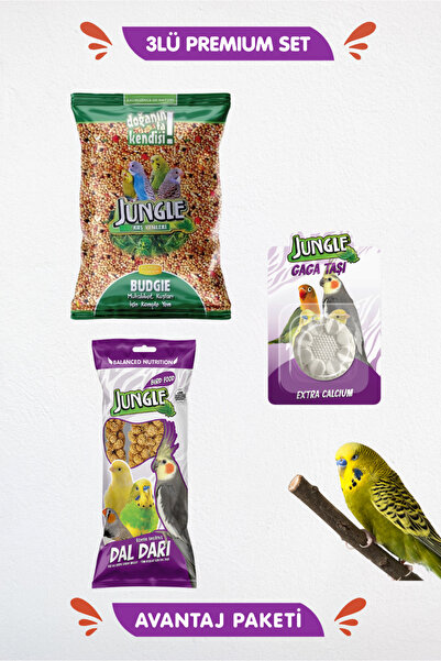 Jungle 3lü Premium İhtiyaç Seti - Gaga Taşı Kalsiyum Muhabbet Dal Darı 1 kg P...