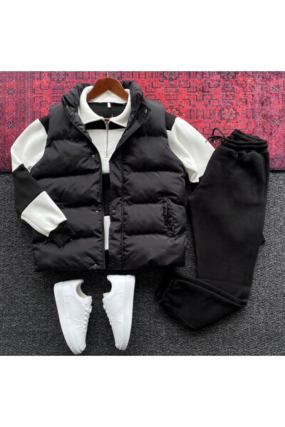 THANBUTİK Φουσκωτό γιλέκο με επένδυση, φλις φούτερ και φλις φόρμα, σετ 3 τεμα...