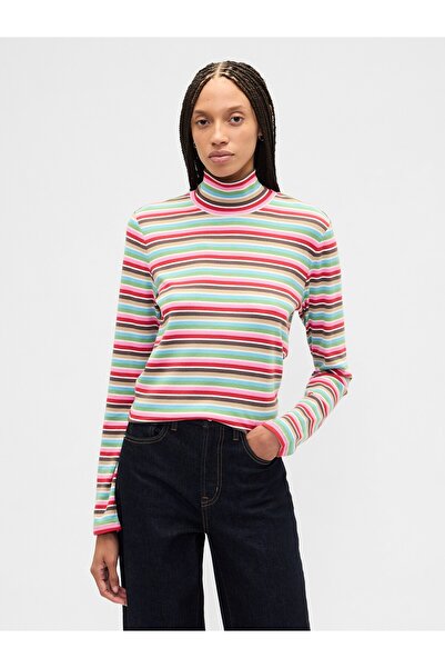 GAP Kadın Çok Renkli Ribbed Turtleneck T-Shirt