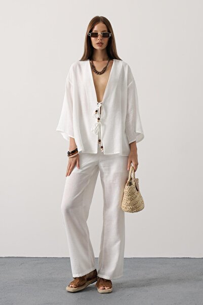 Trend Alaçatı Stili Women's White Tie Detailed Blouse and Elastic Waist Trous...