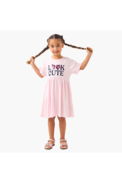 Juniors Embellished Print A-Line Dress with Raglan Sleeves