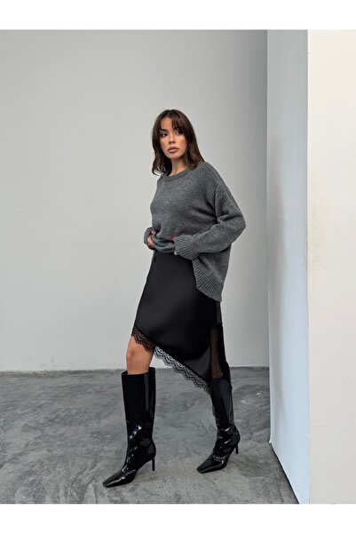 mydukkan.co Asymmetrical Detail Lace Hem Skirt