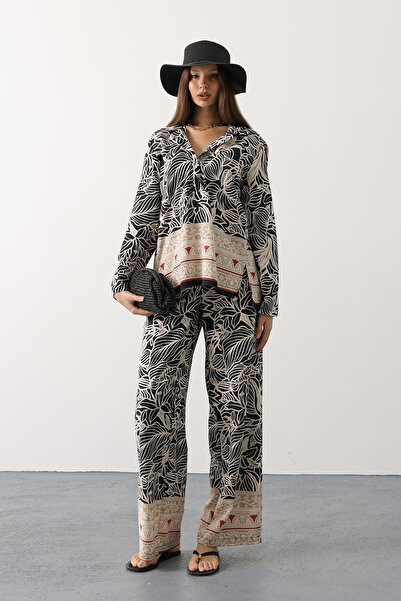 Trend Alaçatı Stili Women's Black-Ecru Patterned Half Placket Blouse and Pant...