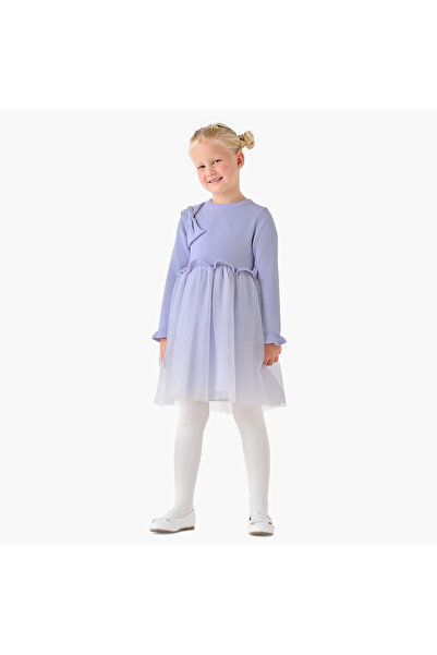 Juniors Round Neck Long Sleeves Knee Length Dress with Bow Detail