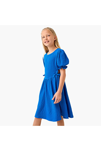 Juniors Textured A-line Dress with Round Neck and Cutout Detail