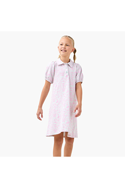Juniors Floral Print Polo Dress with Short Sleeves