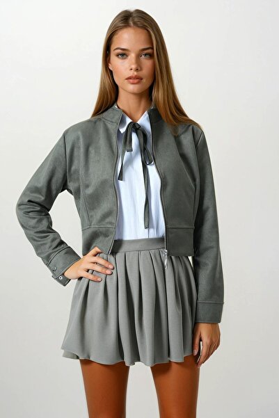Trend Alaçatı Stili Kadın Haki Fermuarlı Hakim Yaka Süet Dokulu Kısa Ceket Vs...