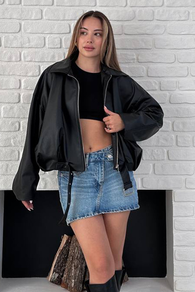 Trend Alaçatı Stili Kadın Siyah Kemer Detaylı Fermuar Kapamalı Bomber Ceket V...