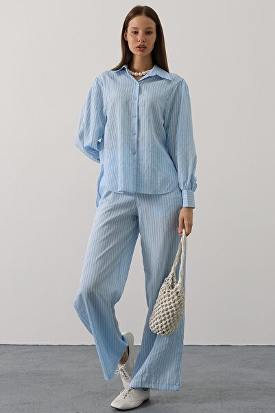 Trend Alaçatı Stili Women's Blue Stripe Casual Pants Set Vs00579