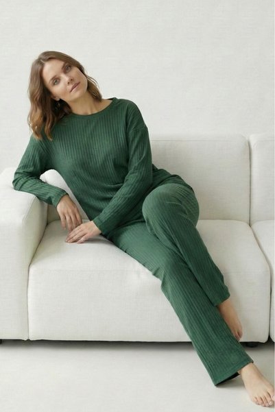 Farya Home Kalın Kışlık İnterlok Şeritli Uzun Kollu Örme Pijama Takımı
