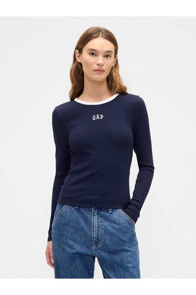 GAP Kadın Lacivert Modern Rib Logo Crop T-Shirt