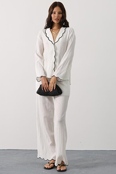 Trend Alaçatı Stili Set cămașă albă cu guler pentru bebeluși și pantaloni cu talie elastică pentru femei Vs00799