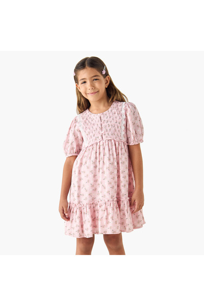 Juniors فستان بقصة حرف A مزين بطبعة زهور وتفاصيل مزمومة ورقبة دائرية