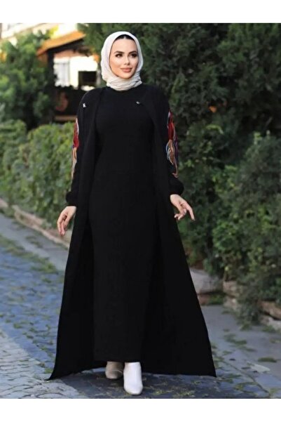 SWAN.AE طقم شتوي من قطعتين، سادة، جاكيت طويل، فستان من التريكو والليكرا، أنيق