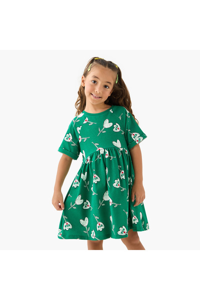 Juniors All-Over Saudi Arabia National Day Print Dress with Short Sleeves