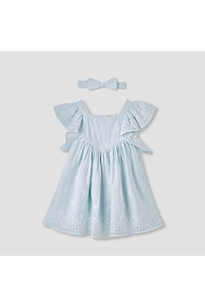 giggles Embroidered A-line Dress with Square Neck and Ruffle Detail