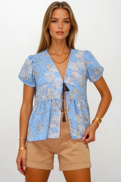 Trend Alaçatı Stili Bluză de damă albastră cu decolteu în V cu mâneci pepene verde cu model Vs00193