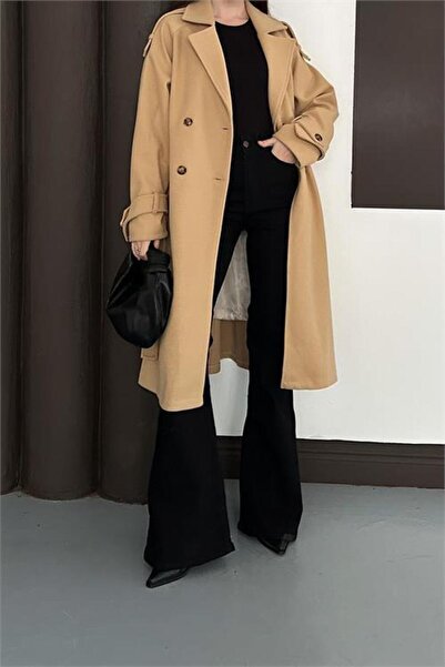 Neşeli Butik Women's Tan Belted Shoulder Detail Cashmere Coat Rykbn01