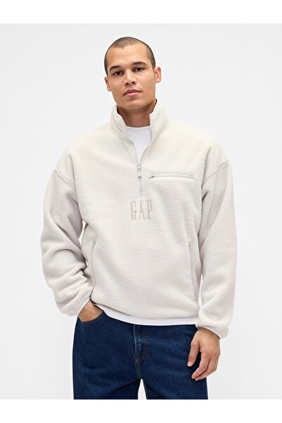GAP Erkek Kırık Beyaz Sherpa Oversized Yarım Fermuarlı Logo Sweatshirt