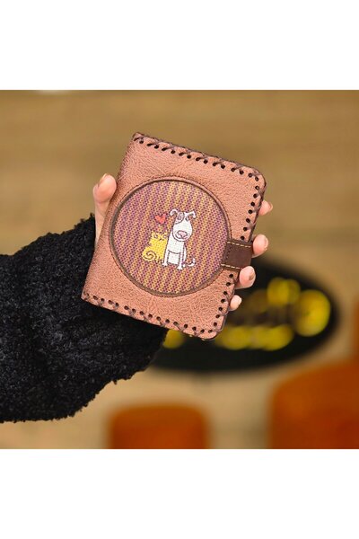HOODİEMOUSE Small Wallet with Cat and Dog Figures Ethnic Bohemian Retro Style - Tan