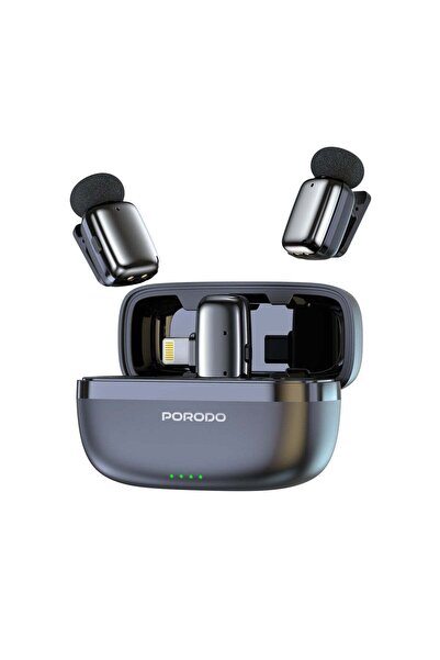 porodo ميكروفونان لاسلكيان مزدوجان من نوع Lavalier مزودان بموصل Lightning وخا...