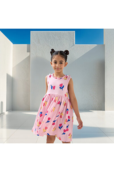 Juniors Textured Sleeveless Dress with Ruffle Trim and Bow Detail