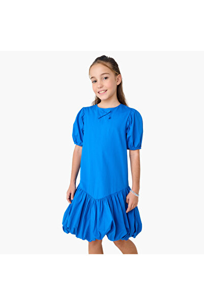 Juniors Solid Balloon Dress with Bow Detail and Short Sleeves