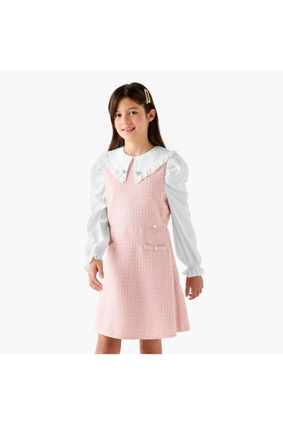 ELIGO Textured Peter Pan Collar Dress with Long Sleeves