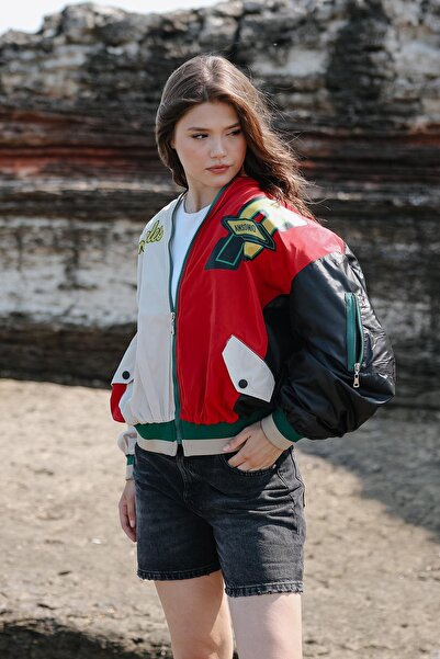 Trend Alaçatı Stili Women's Black-Beige Printed Lined Balloon Jacket Vs00458